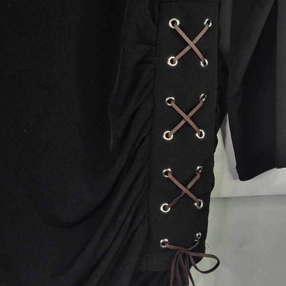 Chicos Tunic Size 1 US 8 Lace Up Side Top Black Stretch Knit 3/4 Sleeve - Picture 6 of 8